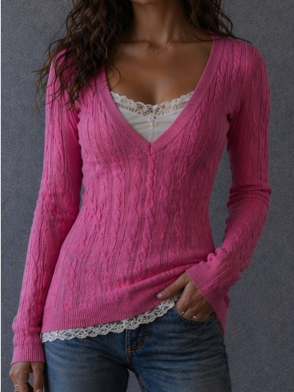 Y2K Pink American Eagle Cableknit Long Sleeve Sweater